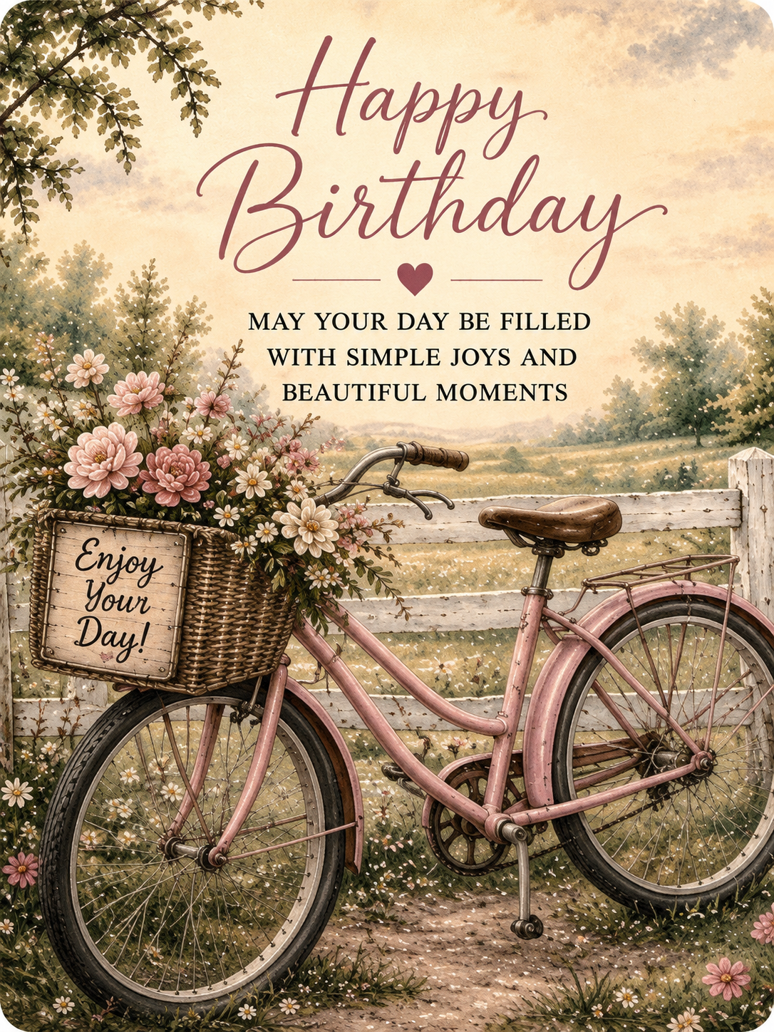 Happy Birthday – Vintage Bicycle & Flowers Country Birthday Card