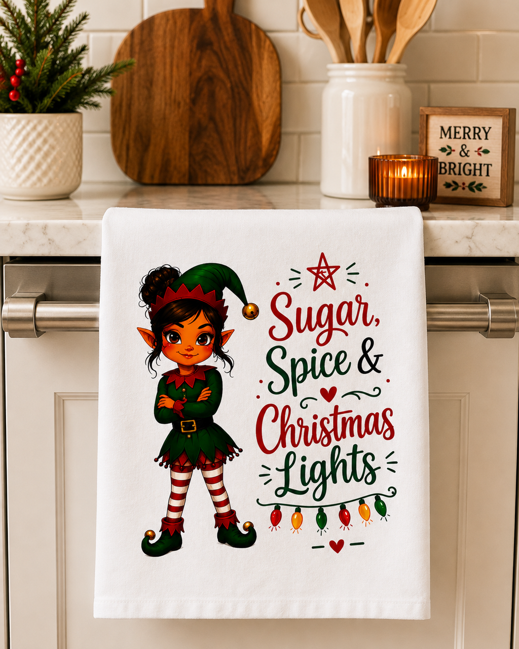 Sugar, Spice & Christmas Lights Kitchen Towel | Funny Christmas Tea Towel | Holiday Kitchen Decor