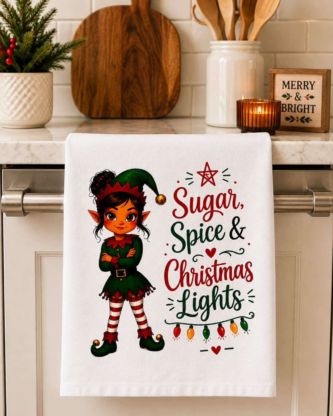 Sugar, Spice & Christmas Lights Kitchen Towel | Funny Christmas Tea Towel | Holiday Kitchen Decor