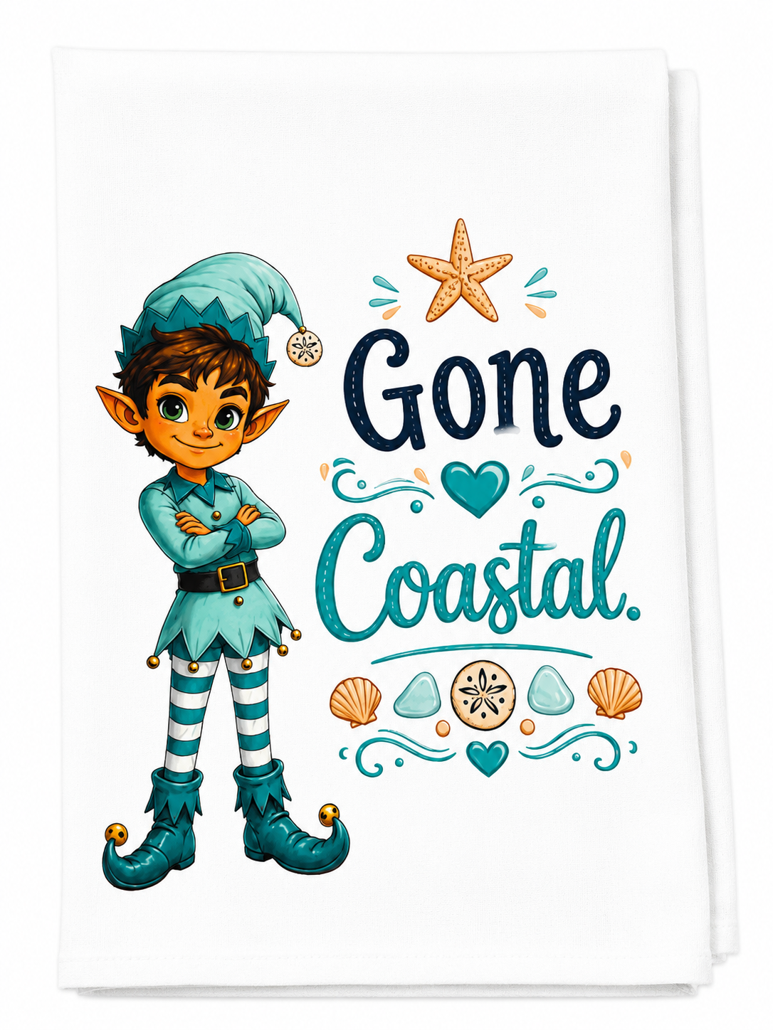 Gone Coastal Kitchen Towel | Coastal Christmas Tea Towel | Beach Elf Holiday Kitchen Decor