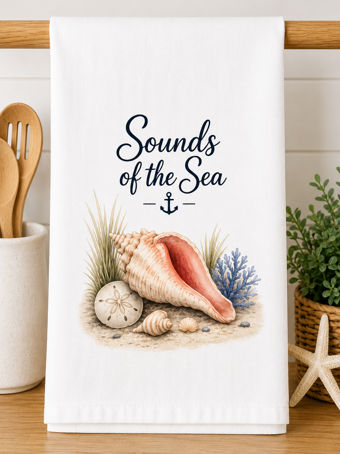 Sounds of the Sea Seashell Kitchen Towel – Coastal Decorative Tea Towel | Beach House Kitchen Décor