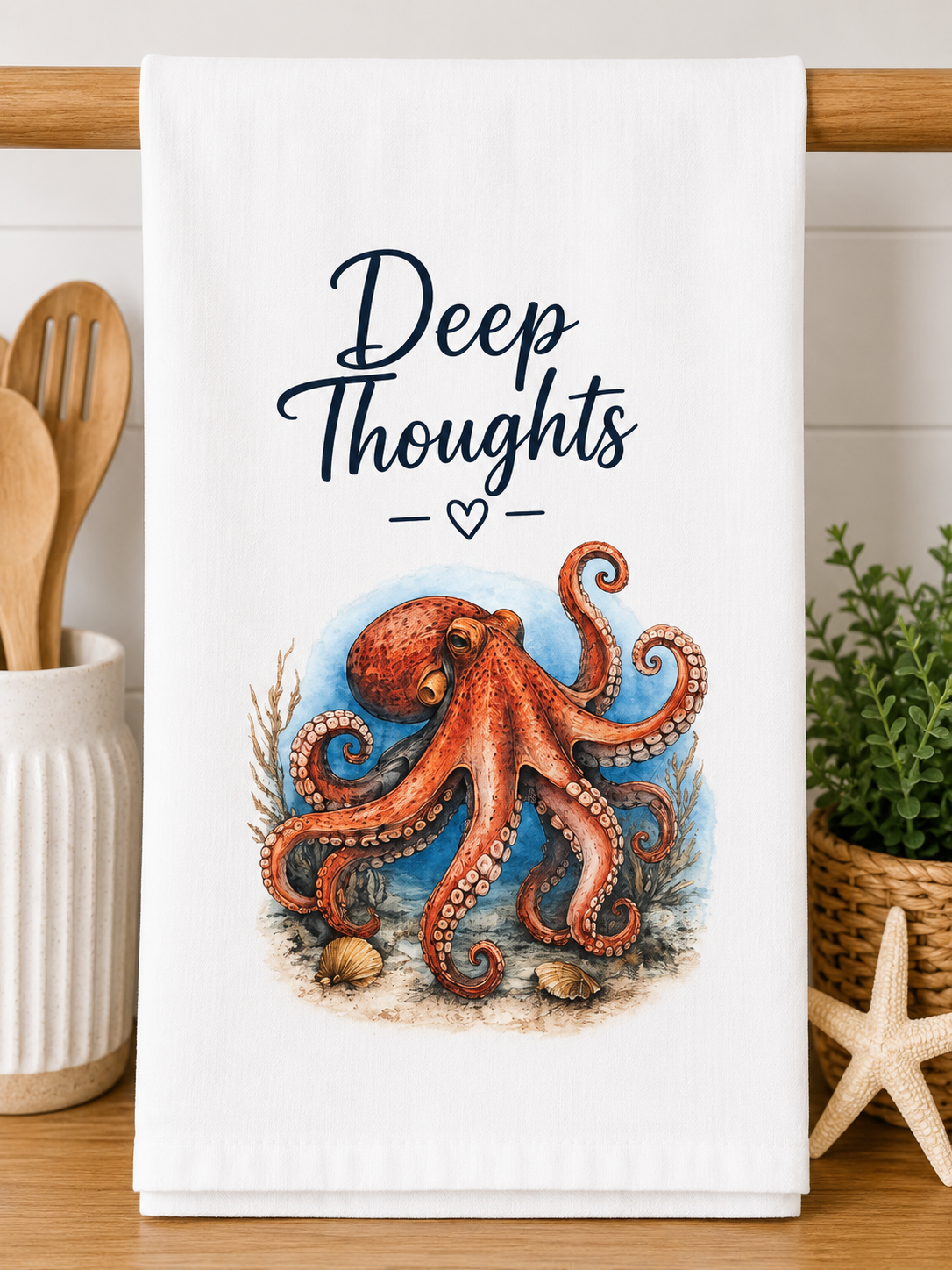 Deep Thoughts Octopus Kitchen Towel – Coastal Decorative Tea Towel | Beach House Kitchen Décor