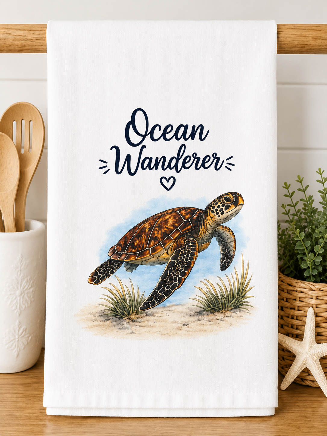 Ocean Wanderer Sea Turtle Kitchen Towel – Coastal Decorative Tea Towel | Beach House Kitchen Décor