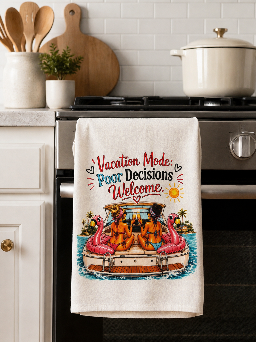 Vacation Mode: Poor Decisions Welcome Funny Boat Kitchen Towel | Beach House Decor | Coastal Gift