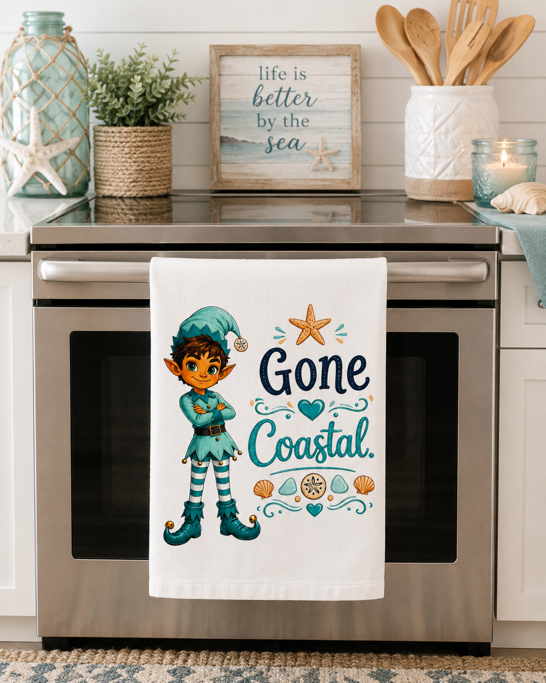 Gone Coastal Kitchen Towel | Coastal Christmas Tea Towel | Beach Elf Holiday Kitchen Decor