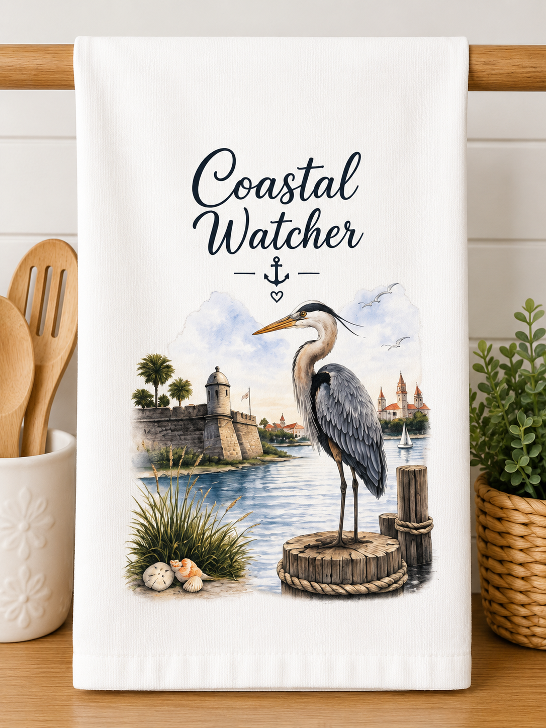 Coastal Watcher Blue Heron Kitchen Towel – Coastal Decorative Tea Towel | Beach House Kitchen Décor