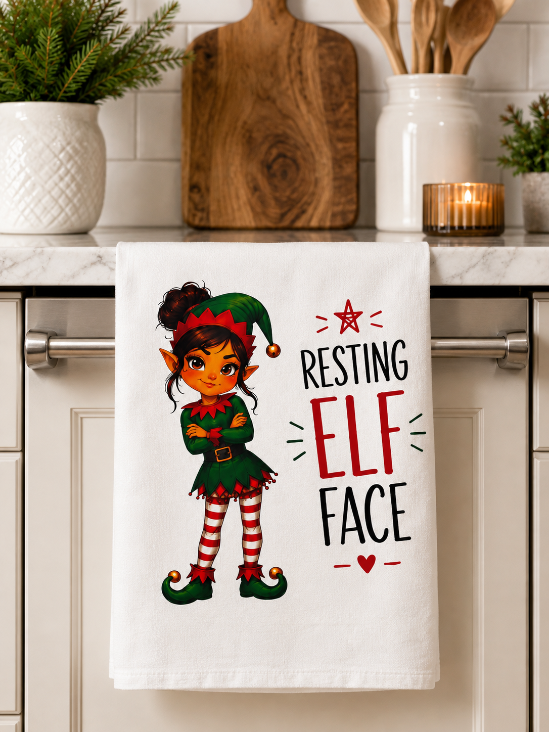 Resting Elf Face Tea Towel | Funny Christmas Kitchen Towel | Holiday Tea Towel Gift